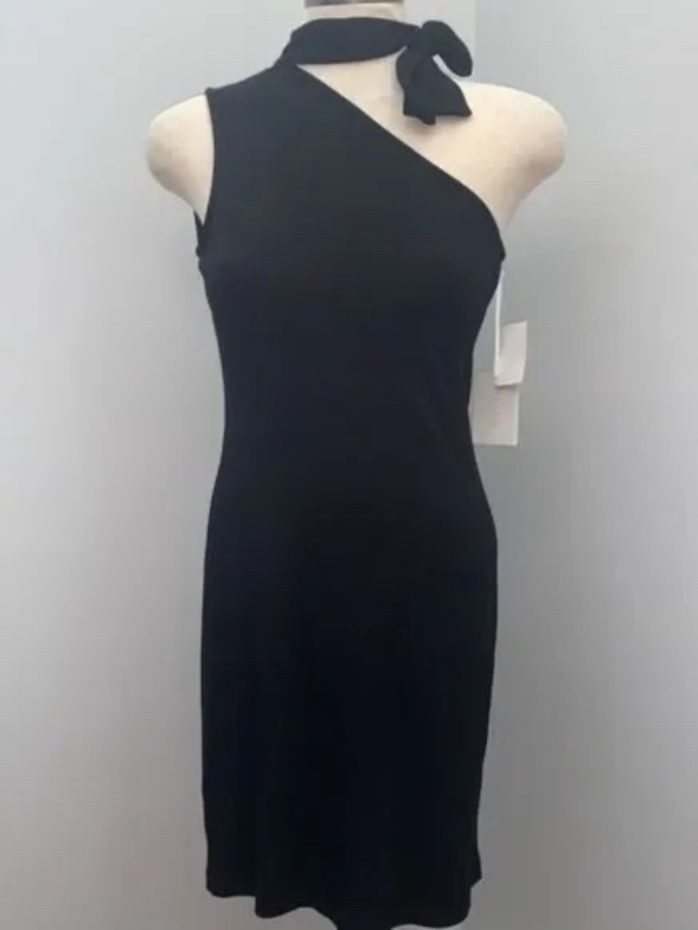New With Tags Black Ribbed Mini One Shoulder Dress With Neck Tie (Small)